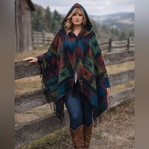 Boutique Southwest Hooded Knit Blanket Poncho Wrap NWOT One Size